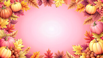 Autumn wreath with pumpkins and leaves on a soft pink background with copy space