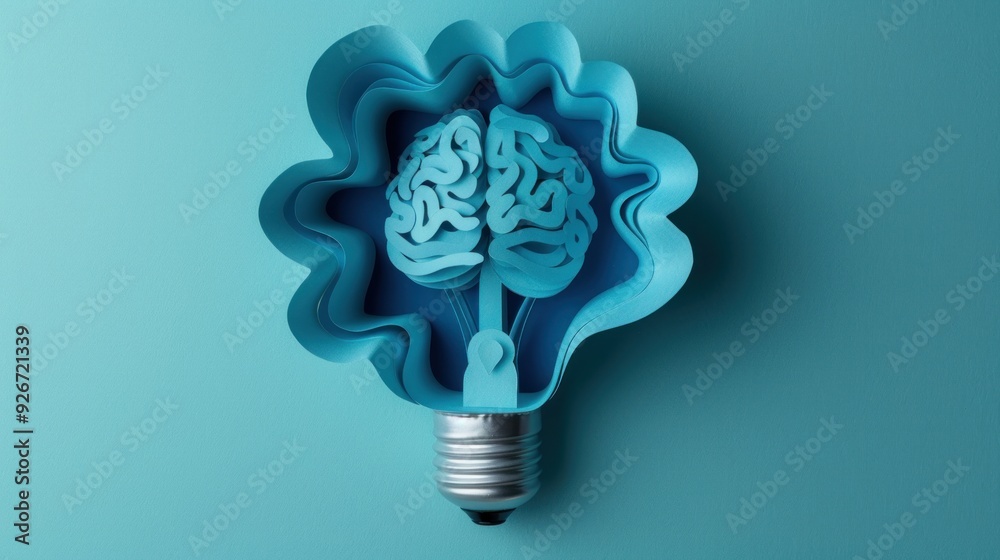 Wall mural paper art light bulb with layered paper brain inside, creative ideas, technological thinking, bright