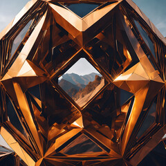 Fototapeta premium Futuristic Copper Geometric Structure with Mountain View