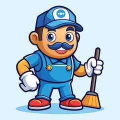 Cleaning service cartoon character with cleaning elements vector illustration