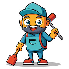 Cleaning service cartoon character with cleaning elements vector illustration