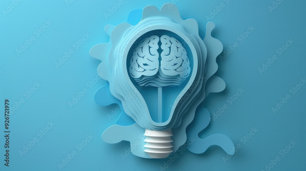 Wall mural paper art light bulb with layered paper brain inside, creative ideas, technological thinking, bright