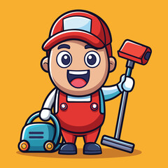 Cleaning service cartoon character with cleaning elements vector illustration