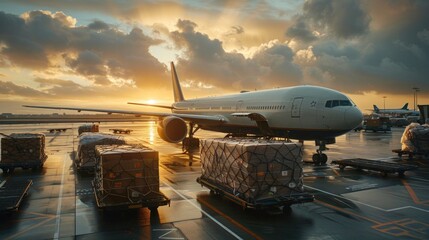 Cargo plane, loading freight containers, airport, global logistics.