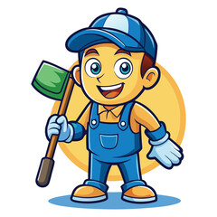 Cleaning service cartoon character with cleaning elements vector illustration
