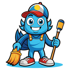 Cleaning service cartoon character with cleaning elements vector illustration