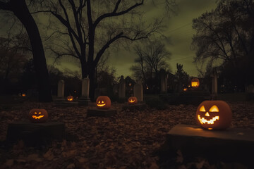 Spooky pumpkin glow in an eerie cemetery on Halloween night