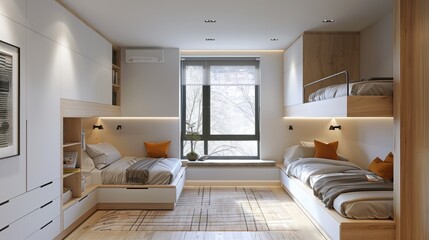 Minimalist kids' room with bunk beds, built-in storage, large window.