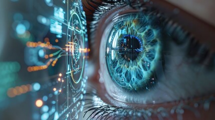 3D rendering of ophthalmologist using digital retinal scanner on patient, with holographic display of retina and optic nerves.