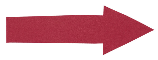 Isolated red cut out paper cardboard arrow direction sign with texture and copy space for text on white or transparent background
