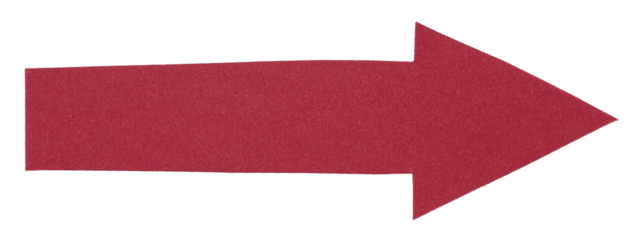 Isolated red cut out paper cardboard arrow direction sign with texture and copy space for text on white or transparent background
