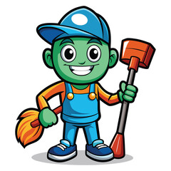 Cleaning service cartoon character with cleaning elements vector illustration