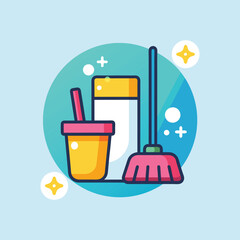 Cleaning service cartoon character with cleaning elements vector illustration
