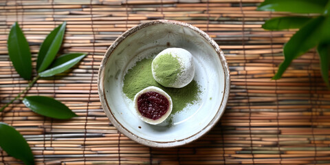 Creative food template. Red bean Daifukumochi daifuku mochi rice flour Japanese dessert with matcha powder on tatami wooden food mat with leaves leaf, copy text space, flat lay top view