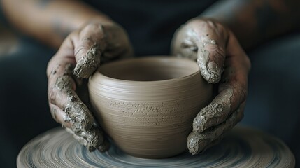 An artist molds designs on a wheel, highlighting the significance of skillful craftsmanship and the elegance of earthy pottery in the realm of artistic creativity.