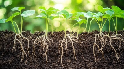 A closeup of plant roots extending into soil, nutrient exchange