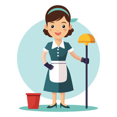 Cleaning service cartoon character with cleaning elements vector illustration