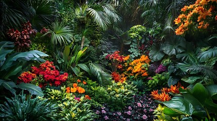 A lush tropical garden with a variety of colorful flowers and plants