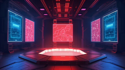 Futuristic control room with illuminated digital screens displaying abstract data in a sci-fi environment