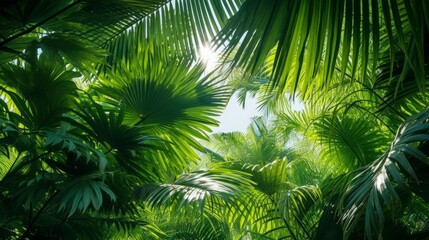 Sunlight shining through a canopy of lush green palm leaves.