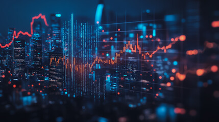 Obraz premium Abstract with pastel colorful charts and graphs with statistics to analyze business potential and forecast future development of companies growth. with city skyline and modern building background
