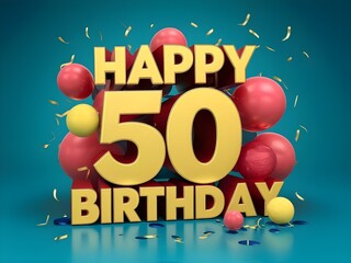 Vibrant happy 50th birthday banner with confetti