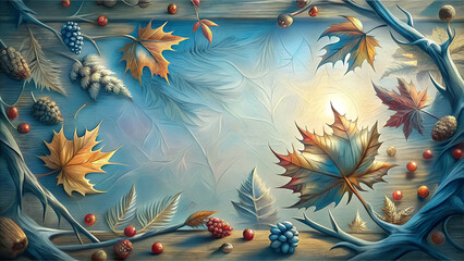 Obraz premium Frosty autumn leaves and pine cones on a blue background with copy spac