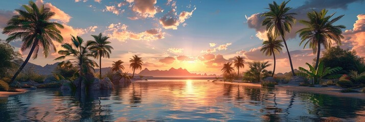 Stunning tropical beach sunset with palm trees, serene water, and vibrant sky colors. Perfect for vacation and nature-themed photography.