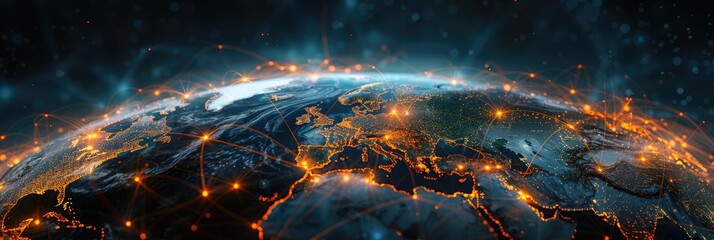 Stunning view of Earth at night, displaying glowing city lights with a cosmic backdrop, highlighting global connectivity and urbanization.