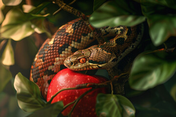 Serpent in the Garden of Eden with forbidden fruit