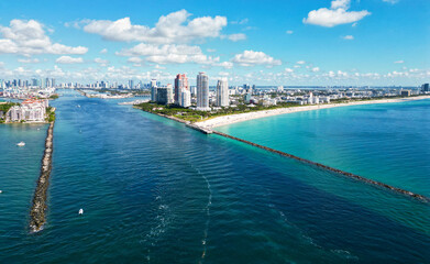 Biscayne bay marina. City skyscraper architecture and marina. Cityscape skyline of Miami, Florida....