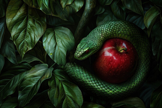 Serpent with forbidden fruit in Eden