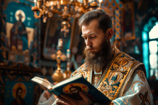 Orthodox priest reading sacred text in church