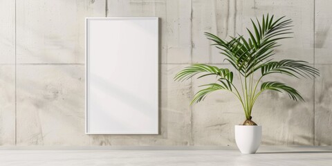 Modern indoor setting with blank frame for advertisement and potted palm plant against textured wall