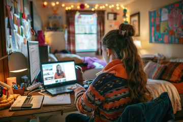 College student taking an online class in their dorm room