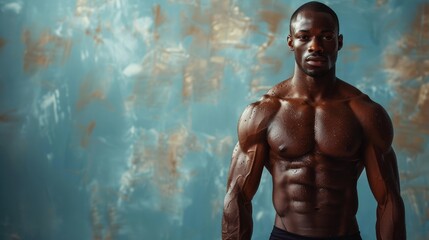 Muscular man posing confidently against a textured blue and gold background in a fitness studio