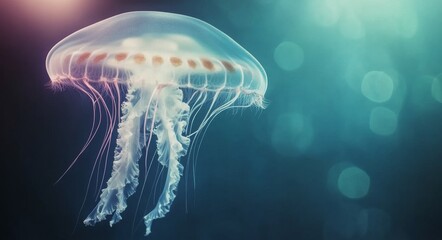 A jellyfish gracefully swims in deep blue waters with bubbles surrounding it