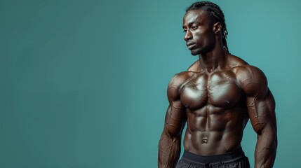 A muscular athlete poses against a turquoise backdrop, showcasing his physique and strength in a fitness studio during a photoshoot