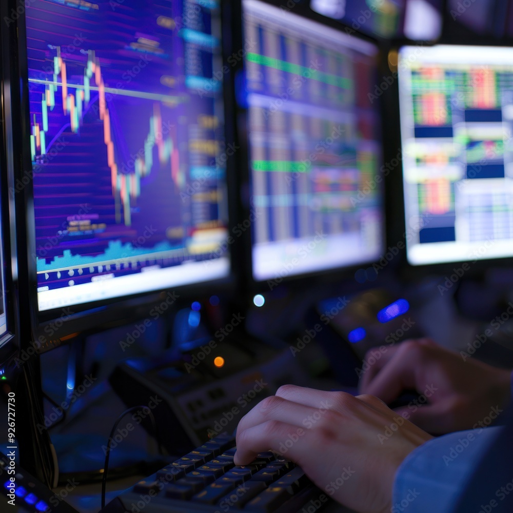 Poster Hands typing on a keyboard in front of multiple computer monitors showing financial data