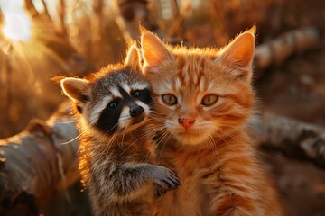 Obraz premium Cute ginger cat and raccoon making selfie photo