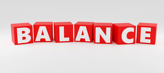 Luxury red inscription balance on grey podium, soft light, smooth background, 3d rendering