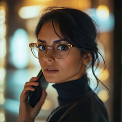 Self-confident businesswoman in glasses posing for the camera while receiving a call from her cell phone