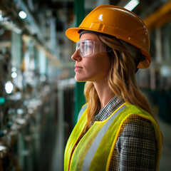 Blonde female engineer with her helmet and safety vest posing from the engine room.