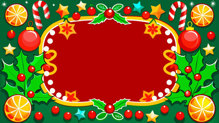 Christmas background with holly, candy canes, and ornaments on green and red background with copy space