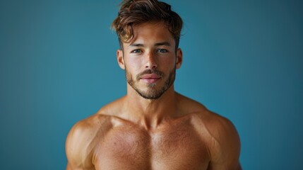 Fototapeta premium Young man with muscular build poses against a blue background in a studio setting during daylight