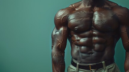 Obraz premium A muscular man poses against a teal background showcasing impressive physique in a fitness studio