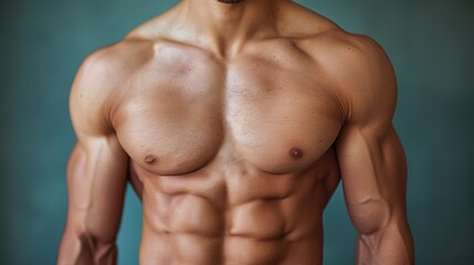 Fototapeta premium Muscular man posing confidently, showcasing defined chest and abs in a studio setting