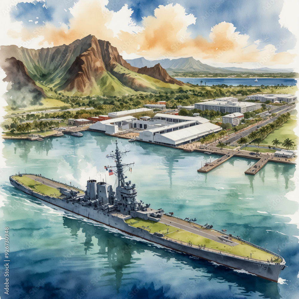 Wall mural watercolor illustration of the pearl harbor historic sites in oahu, hawaii. capture the significance