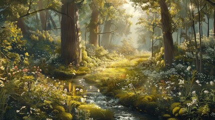 A serene forest scene with sunlight filtering through trees, showcasing vibrant flora and a gentle stream winding through the landscape.