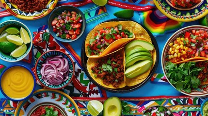 Fototapeta premium Colorful array of delicious tacos with fresh toppings, vibrant ingredients, and lively decoration, perfect for food lovers.